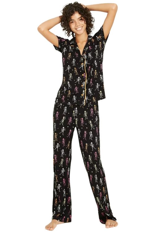 Women's Halloween Skeleton Pattern Black Short Sleeve Pajama Set