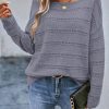 Women's Light Grey Boat Neck Drop Shoulder Pointelle Knit Sweater - Image 6