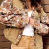 Women's Khaki Waffle Knit Floral Print Patchwork Button Up Jacket - Image 2