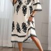 Women's Beige Geometric Print 3/4 Sleeve Loose Midi Dress - Image 3