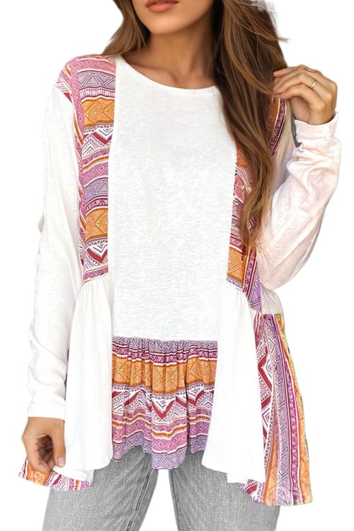 Women's White Western Aztec Print Patchwork Ruffled Tunic Long Sleeve Babydoll Top