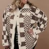 Plus Size Brown Color Block Checkered Print Corduroy Shacket - Image 7