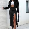 Women's Black High Waist Denim Midi Skirt with Button Fly and Side Split - Image 6