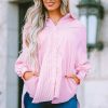 Women's Pink Oversized Striped Boyfriend Shirt with Smocked Cuffs and Pocket - Image 7