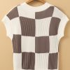 Chic Women's Khaki Checkered Color Block Crew Neck Short Sleeve Sweater - Image 9