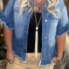 Women's Plus Size Peacock Blue Ruffled Frayed Short Sleeve Denim Jacket - Image 2