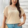 Women's Plus Size Beige Lace Crochet Patched Cable Knit Top with Cuffed Short Sleeves - Image 4