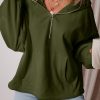 Women's Moss Green Fleece Lined Half Zip Hoodie with Kangaroo Pockets - Image 6