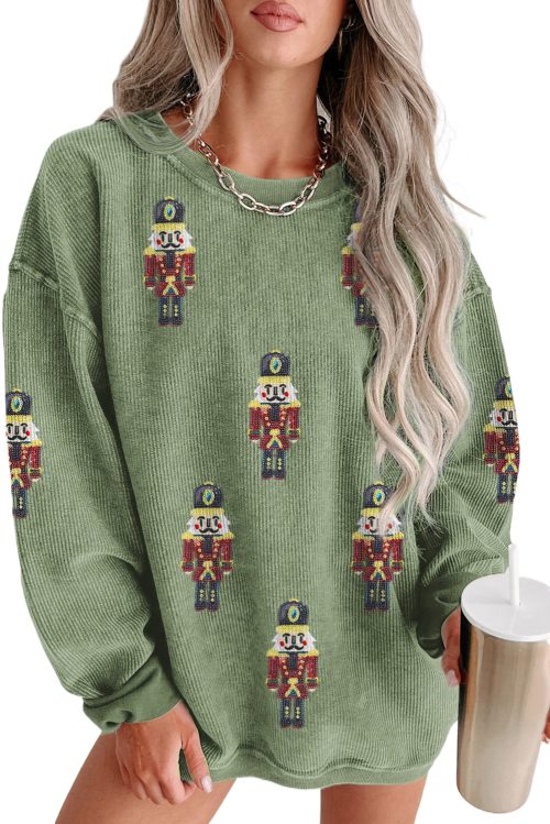 Women's Grass Green Christmas Nutcracker Graphic Corded Pullover Sweatshirt