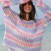 Women's Purple Multi Stripe Open Knit Sweater Beach Cover Up - Image 3