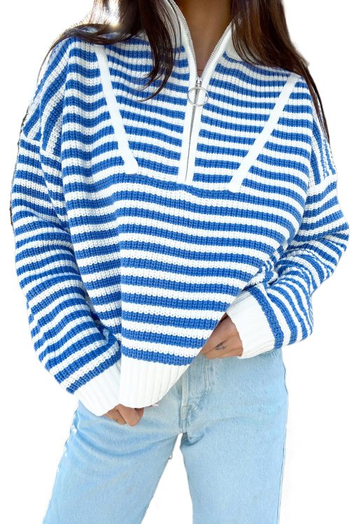 Women's Sky Blue Stripe Zip-Up Collar Drop Shoulder Sweater