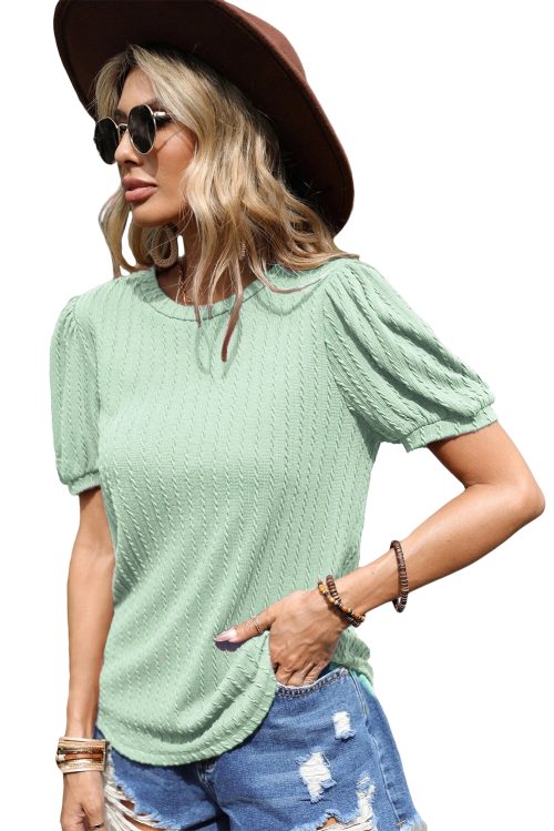 Women's Mist Green Textured Round Neck Short Puff Sleeve Top for Casual and Office Wear