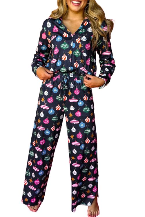 Women's Navy Blue Colorful Christmas Lights Print Pajama Set