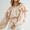 Women's Oatmeal Lace-up Keyhole Back Ruffled Peplum Blouse – Elegant Long Sleeve Top - Image 7