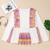 Women's White Western Aztec Print Patchwork Ruffled Tunic Long Sleeve Babydoll Top - Image 5