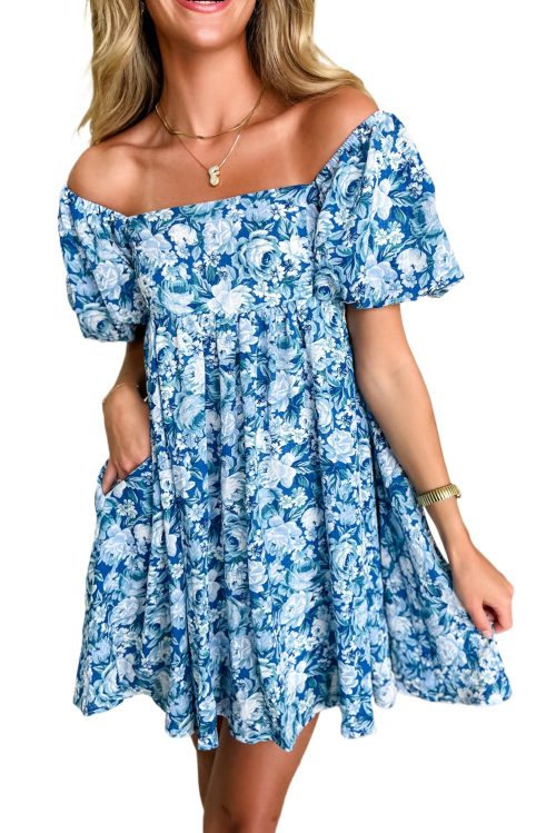 Women's Blue Floral Puff Sleeve Babydoll Mini Dress with Square Neck