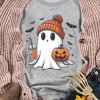 Women's Gray Halloween Ghost Print Crewneck Drop Shoulder Sweatshirt - Image 2