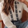 Elegant Women's White Floral Embroidered Frilled V Neck Puff Sleeve Blouse - Image 3