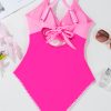 Chic Rose Red Ric Rac Trim Cutout One Piece Swimsuit with Contrasting Patchwork Design - Image 14