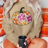 Women's Khaki Halloween Floral Pumpkin Graphic Drop Shoulder Sweatshirt - Image 2