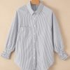 Women's Oversized Smocked Cuffed Striped Boyfriend Shirt with Pocket - Image 9