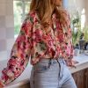 Women's Red Floral Print Ruffled Stitch Loose Fit Shirt - Image 3