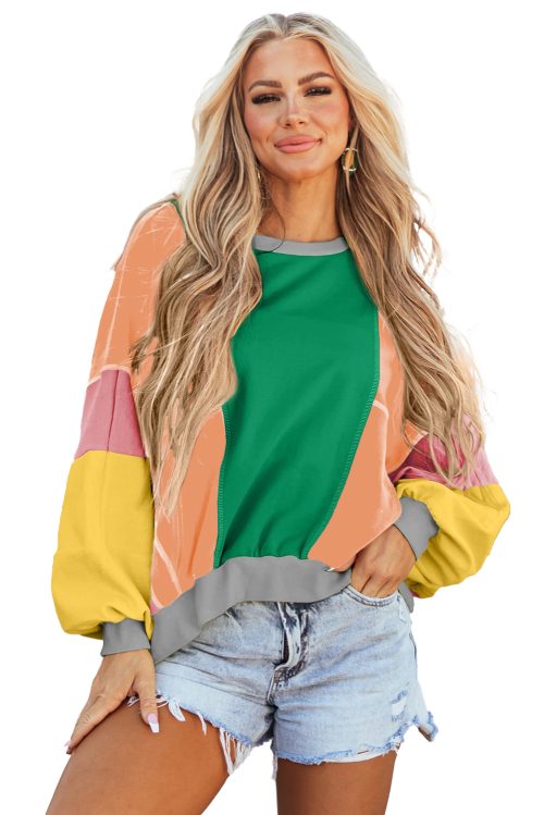 Women's Dark Green Colorblock Oversized Top with Exposed Stitching