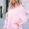 Women's Pink Oversized Striped Boyfriend Shirt with Smocked Cuffs and Pocket - Image 9