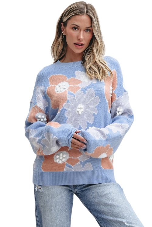 Women's Beau Blue Floral O Neck Drop Shoulder Knitted Sweater for Casual Elegance