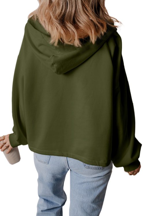 Women's Moss Green Fleece Lined Half Zip Hoodie with Kangaroo Pockets