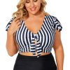 Plus Size Black Stripe 2-Piece Knot Cutout Ruffle Sleeve Swimsuit - Image 20