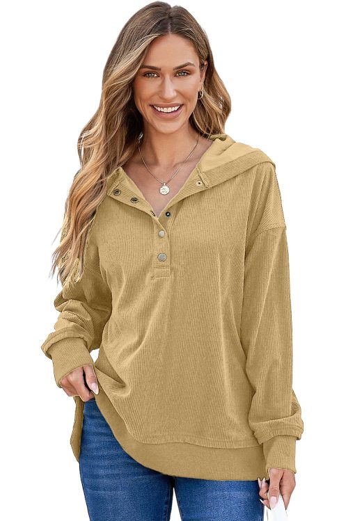 Women's Simply Taupe Oversized Hoodie - Chic Ribbed Knit with Buttoned Design