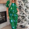 Women's Green Christmas Tree Print V Neck Tee and Pants Lounge Set - Image 2