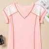 Women's Light Pink Lace Patchwork V Neck T-Shirt with Exposed Seams - Image 8