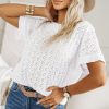 Women's Elegant White Eyelet Pattern Boat Neck Casual Tee - Image 5