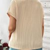 Women's Plus Size Beige Lace Crochet Patched Cable Knit Top with Cuffed Short Sleeves - Image 2