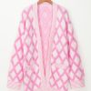 Women's Pink Rhombus Pattern Knit Open Front Cardigan with Pockets - Image 6