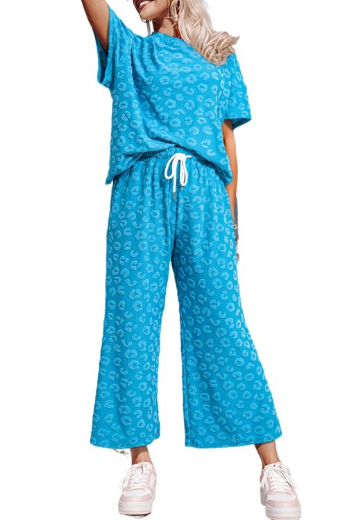 Women's Blue Leopard Jacquard Short Sleeve Top and Wide Leg Pants Set