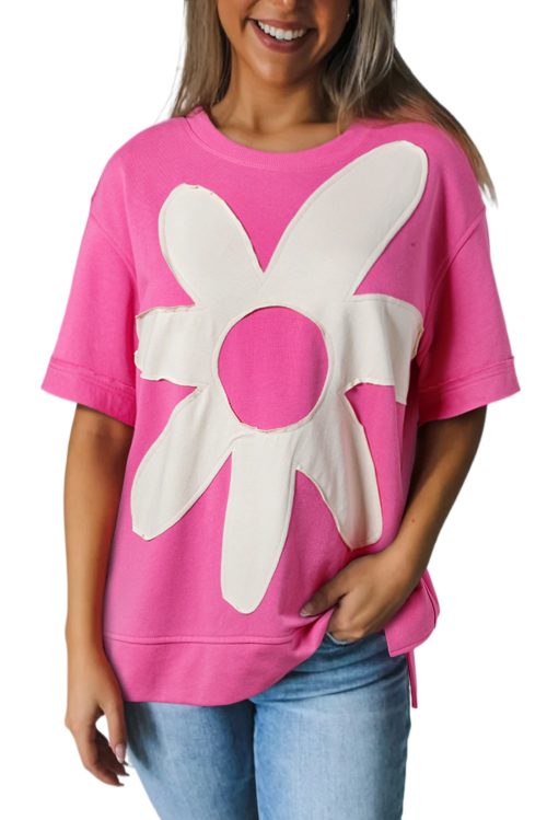 Women's Sachet Pink Contrast Flower Drop Shoulder Loose T-Shirt