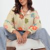 Women's Loose Fit Apricot Stripe Flower Print Collared Button-up Shirt - Image 10