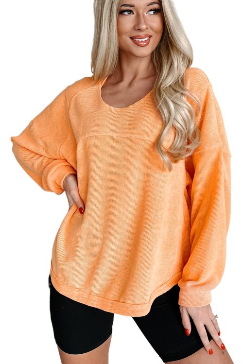 Women's Grapefruit Orange Solid Color Textured High Low Long Sleeve Top