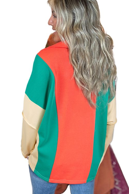 Women's Grapefruit Orange Color Block Patchwork Long Sleeve V Neck Top