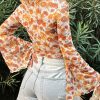 Chic Women's Orange Floral Printed Bell Sleeve Blouse with Mock Neck and Scallop Trim - Image 3