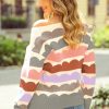 Chic Gray Wave Striped Balloon Sleeve Drop Shoulder Sweater for Women - Image 2