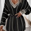 Women's Colorblock Black Striped V Neck Knitted Loose Sweater - Image 3