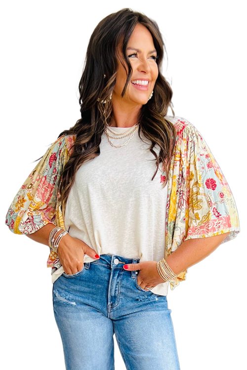 Women's Beige Floral Patchwork Half Batwing Sleeve Blouse - Bohemian Style