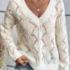 Women's Beige Hollow Out Knit Drop Shoulder V Neck Sweater - Image 6