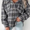 Women's Black Plaid Print Flap Pockets Contrast Hooded Loose Shacket - Image 2