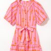 Women's Pink Bowknot Striped Printed Bubble Sleeve Mini Dress with Belt - Image 5