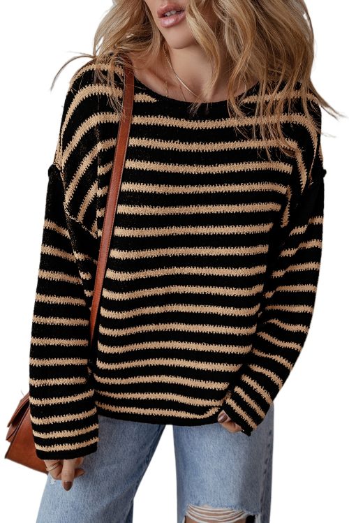 Women's Black Stripe Drop Shoulder Round Neck Loose Sweater - Trendy Casual Knit